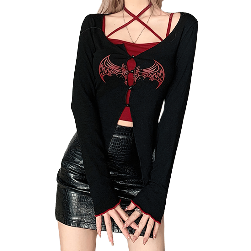 Grunge Women's Long Sleeves Top with Buttons / Gothic Aesthetic Two Piece Sets for Ladies - HARD'N'HEAVY