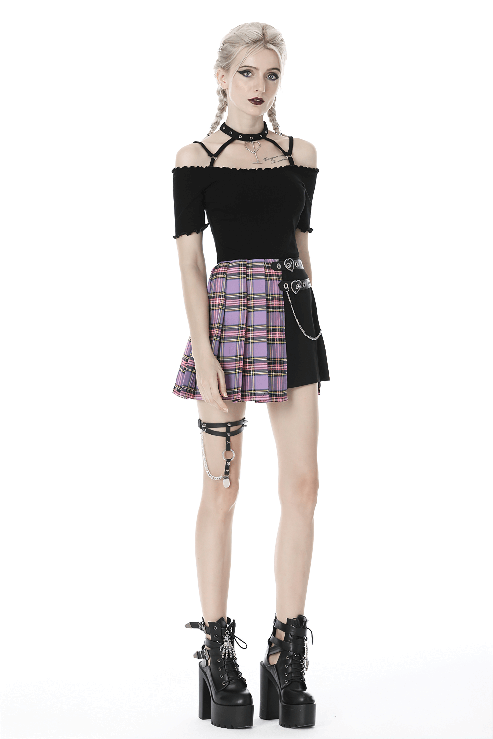 Grunge Women's Pleated Mini Skirt with Chain Detail