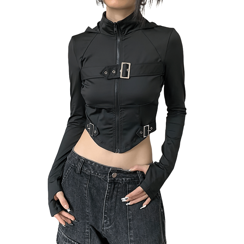 Chic black zip-up hooded top with thumb holes, perfect for a grunge aesthetic and stylish comfort.