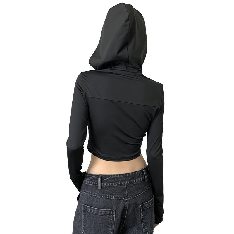 Back view of a black grunge zip-up hooded top with a cropped design and sleek, fitted silhouette.