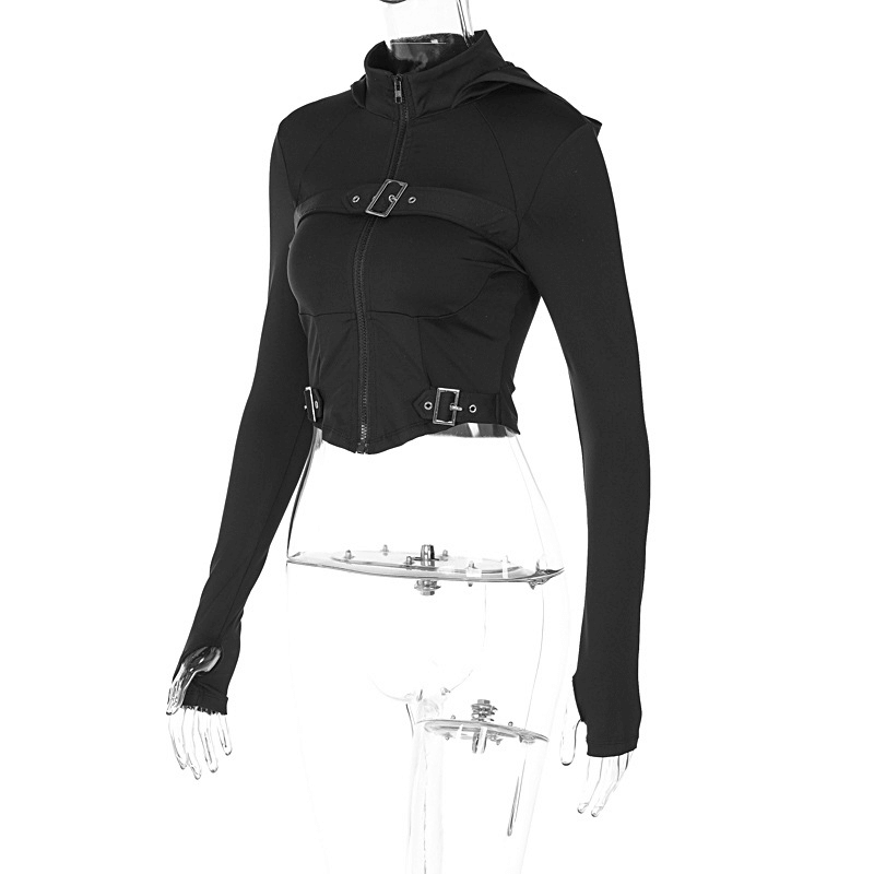 Black zip-up hooded top with thumb holes and edgy buckle details for a grunge-chic look.