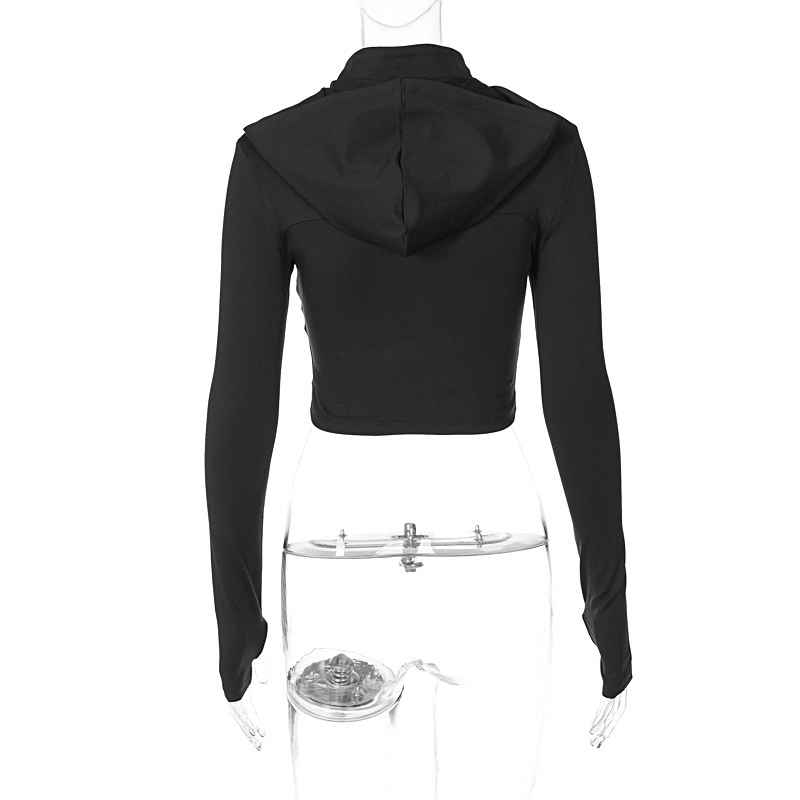 Back view of a women's black grunge zip-up hooded top showcasing thumb holes on sleeves.