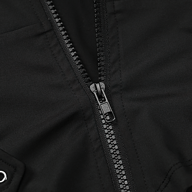 Close-up of a black zip-up zipper on a grunge hooded top, showcasing edgy design detail.