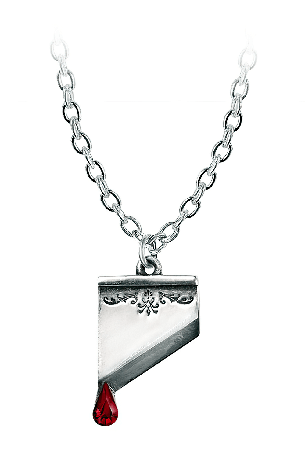 Guillotine blade pendant with red crystal blood drop, Gothic elegance meets historical charm.