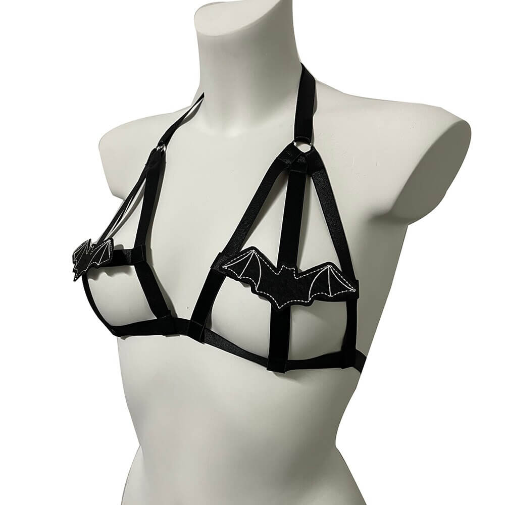 Punk Halloween black body harness bra with bat patches, perfect for edgy style and festive outfits.