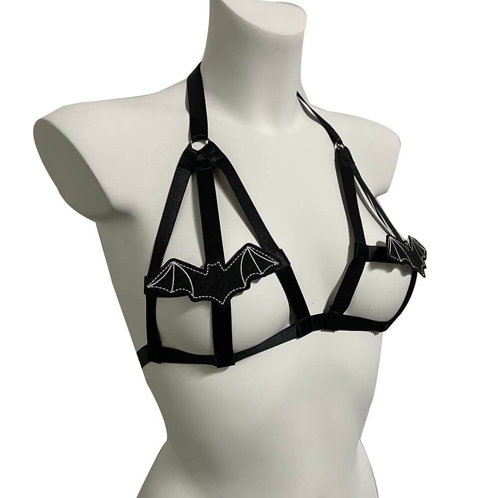 Punk-style Halloween black body harness with bat patches, perfect for edgy costumes and alternative fashion.
