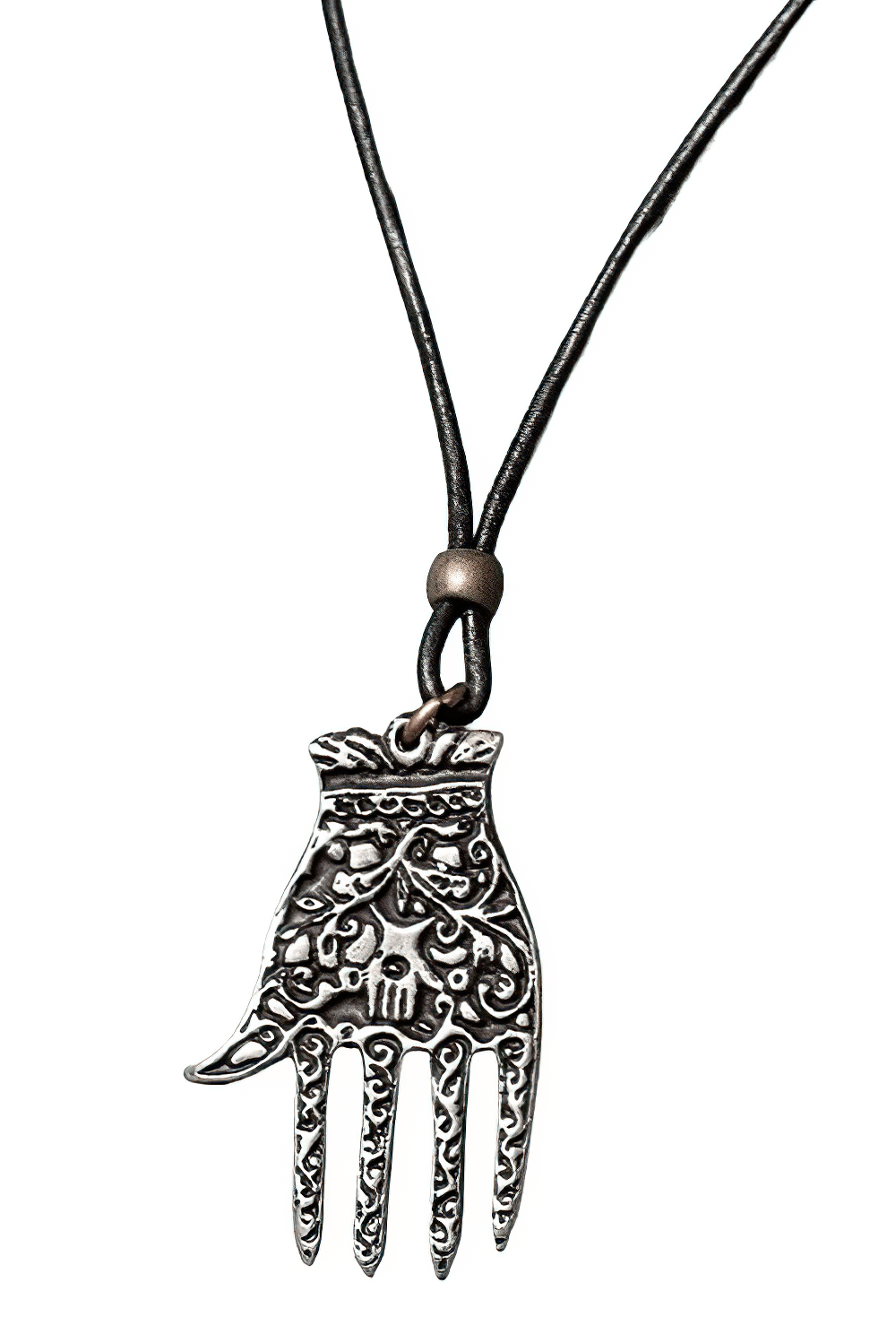 Hamsa Hand Pewter Protection Amulet Pendant Charm on a leather cord, intricately designed for evil eye protection.