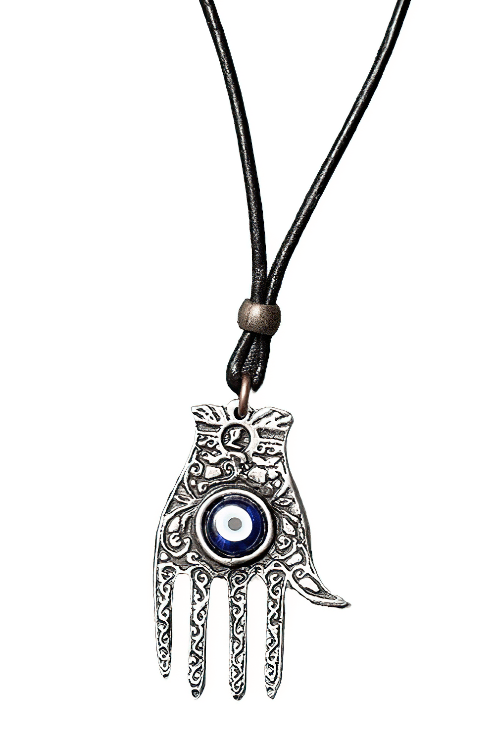 Hamsa Hand Pewter Protection Amulet Pendant Charm with blue eye bead on a black cord for evil eye protection.