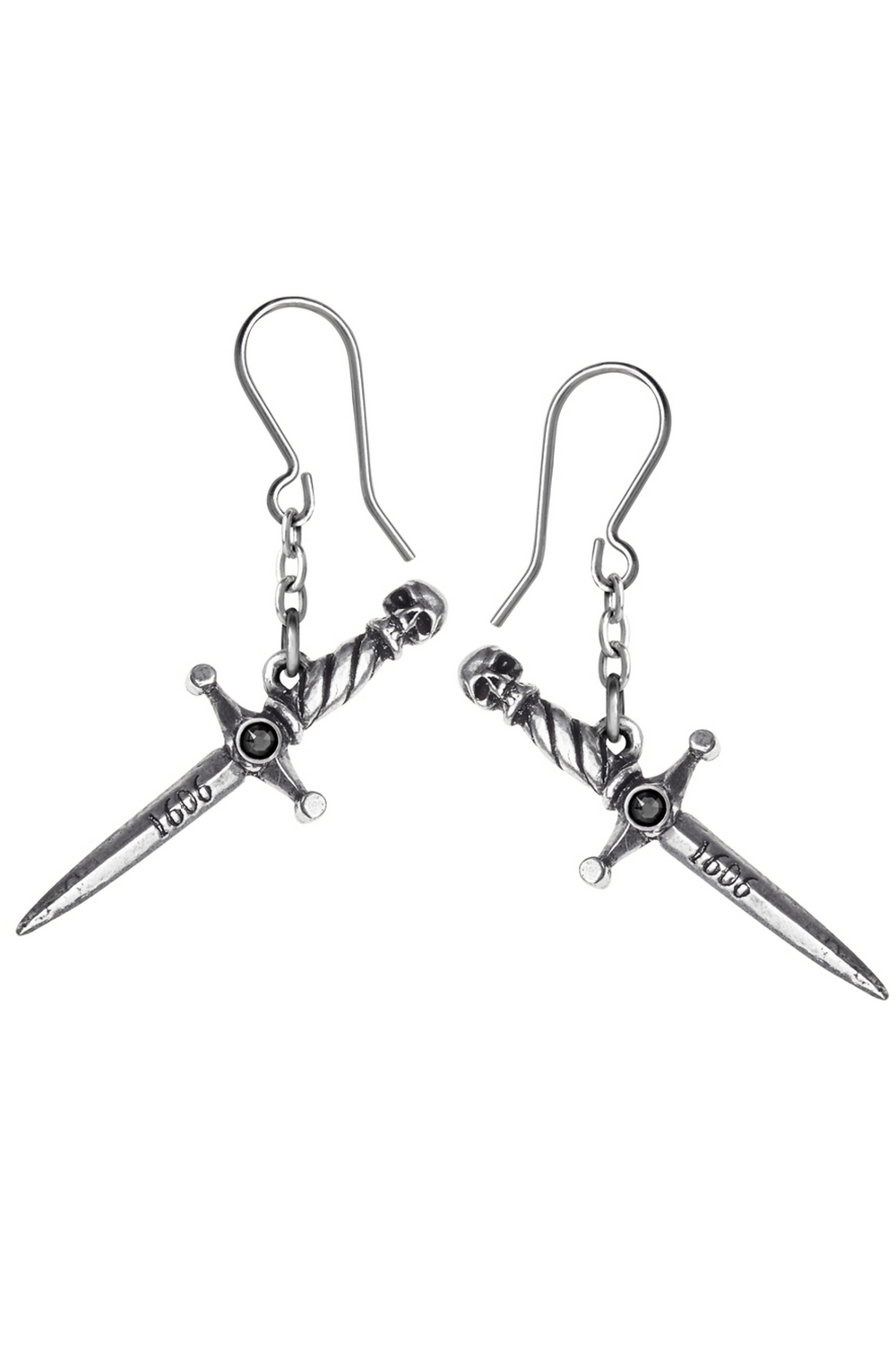Hand of Macbeth skull dagger earrings with chain link design, exuding a gothic vibe and Shakespearean elegance.