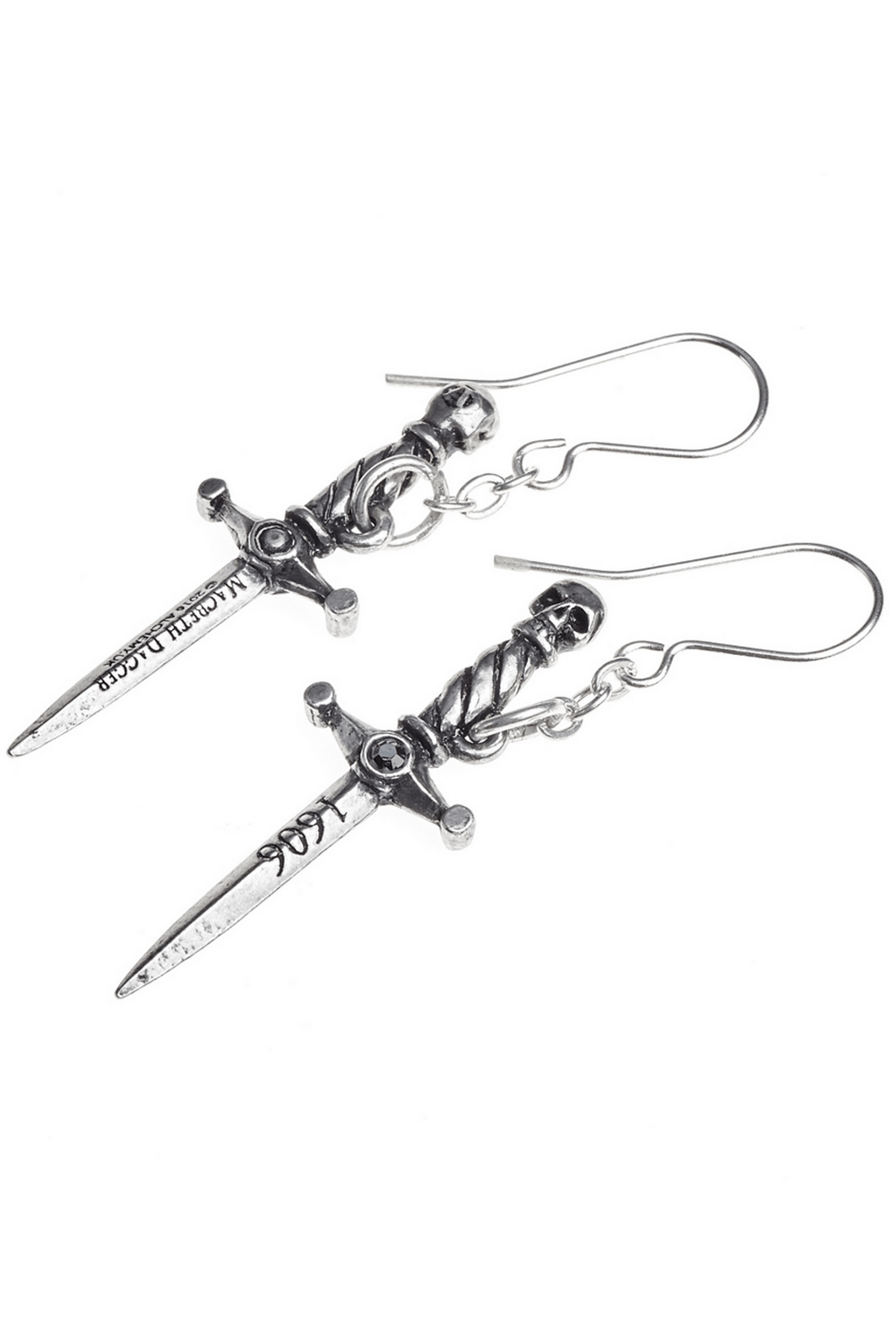 Gothic Hand of Macbeth skull dagger earrings with a chain link, perfect for embracing dark elegance.