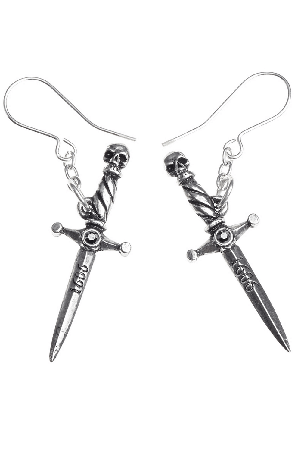 Gothic Hand of Macbeth skull dagger earrings with chain link design, perfect for embracing your dark side.