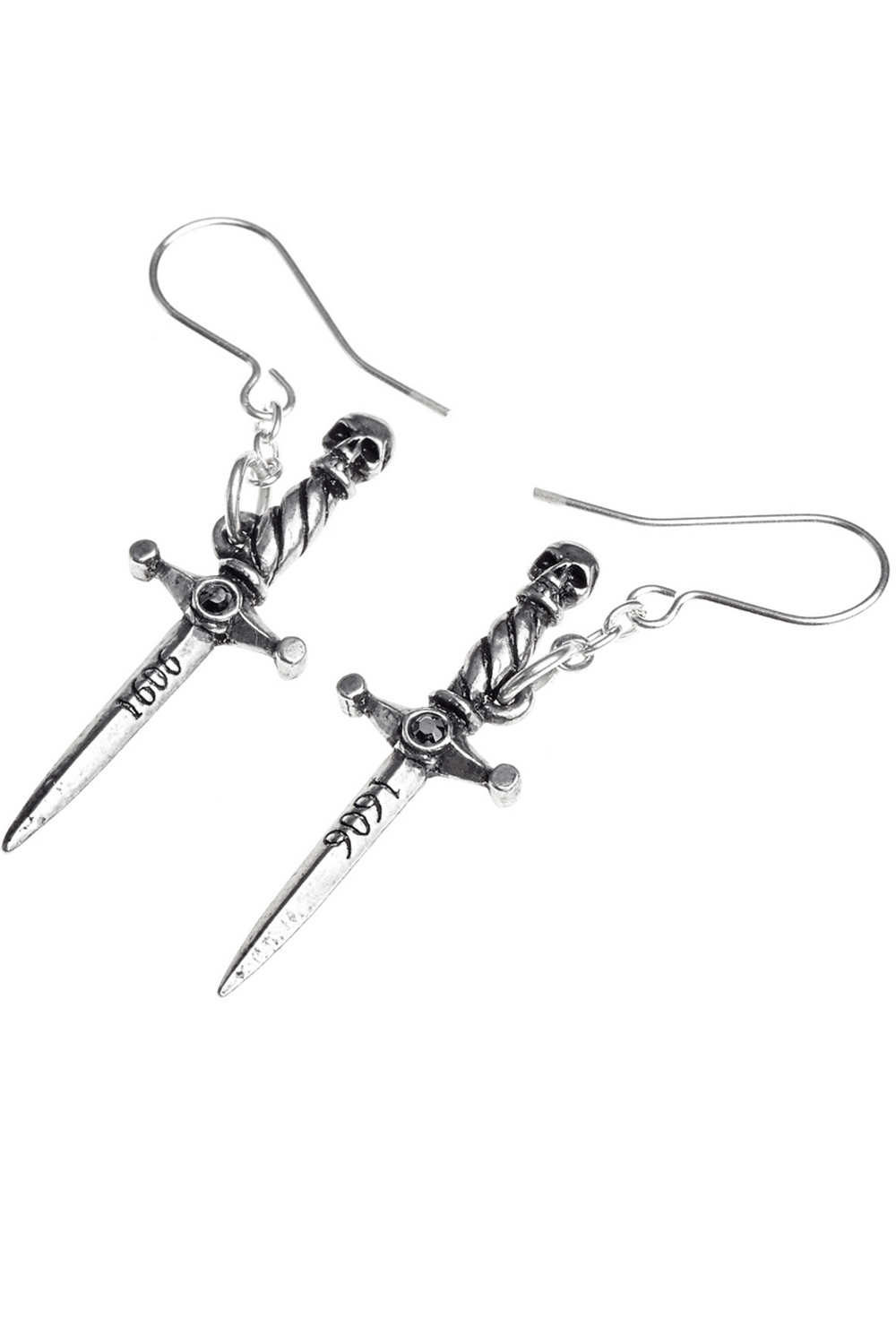 Gothic Hand of Macbeth skull dagger earrings with chain link design, perfect for dark fashion enthusiasts.