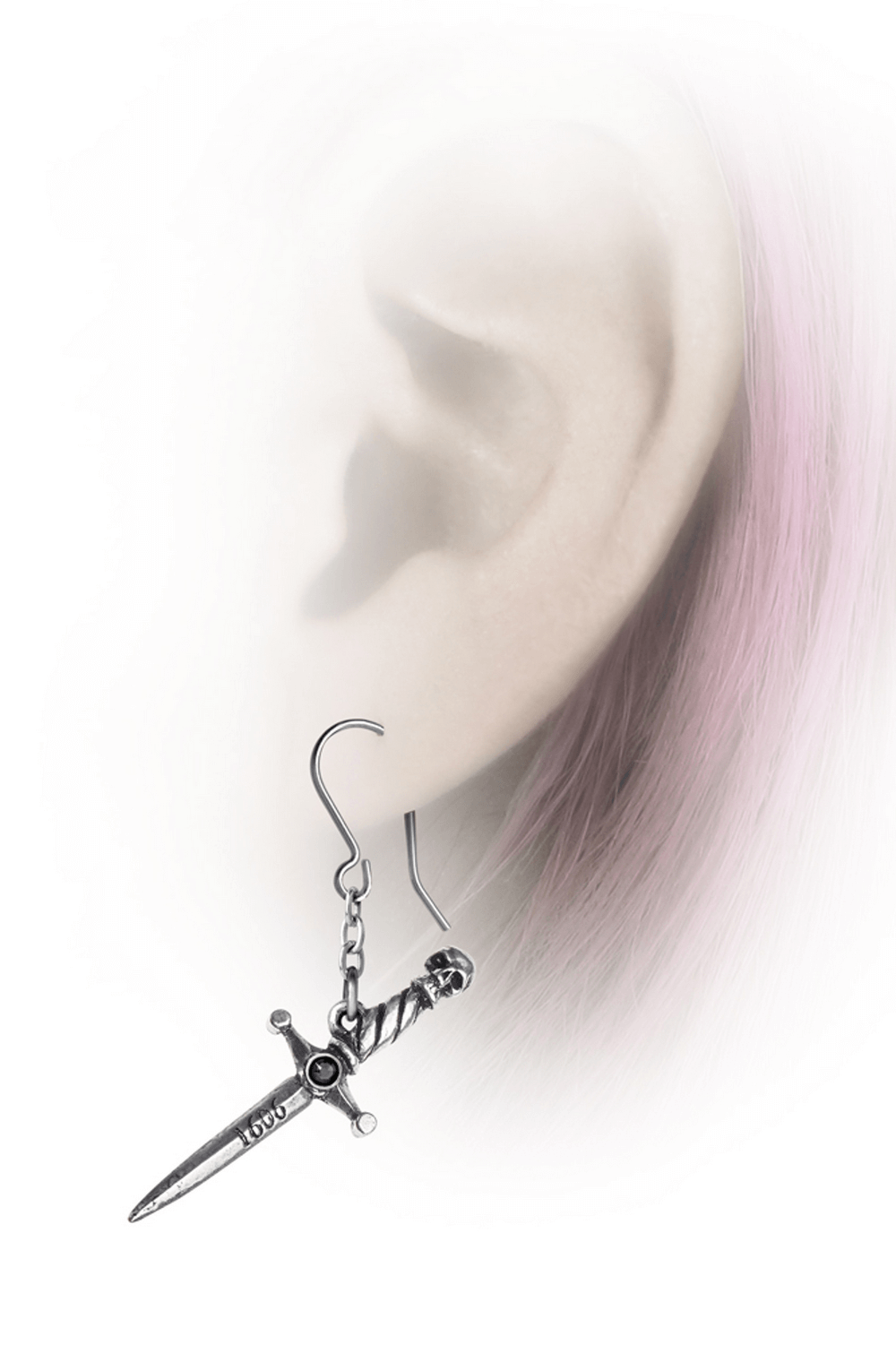 Hand of Macbeth skull dagger earrings showcasing a gothic design with a chain link on an ear.