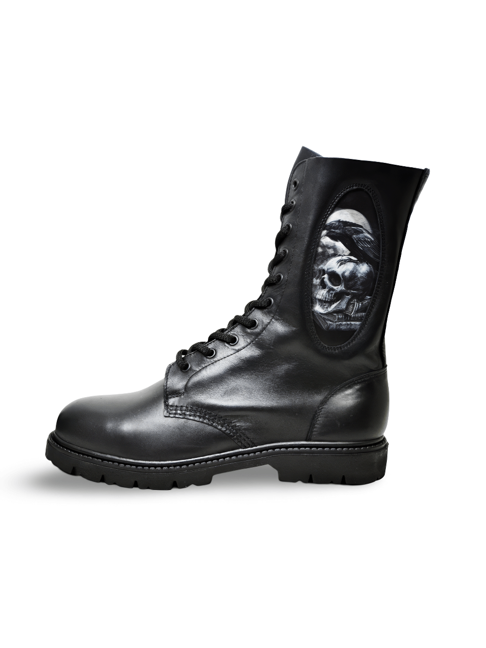 Handmade Black Lace-Up Mid-Calf Boots with Skull Print
