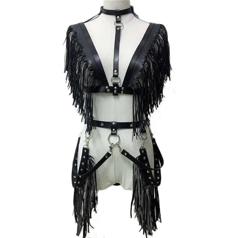 Hard rock leather crop top with chains and fringe, perfect for goth rave fashion.