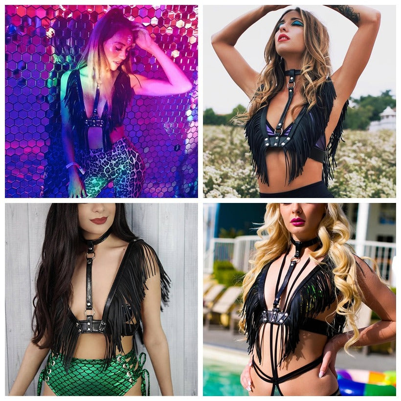 Stylish women in edgy leather crop tops with fringe, perfect for rave festivals and gothic fashion.