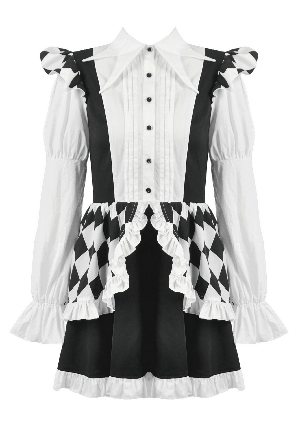Harlequin Black and White Gothic Ruffle Mini Dress with dramatic ruffles and checkered pattern.