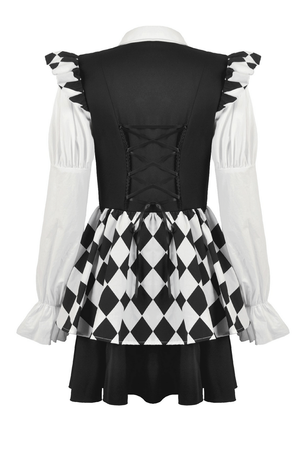 Harlequin Black and White Gothic Ruffle Mini Dress featuring a stylish back design with ruffles and diamond patterns.