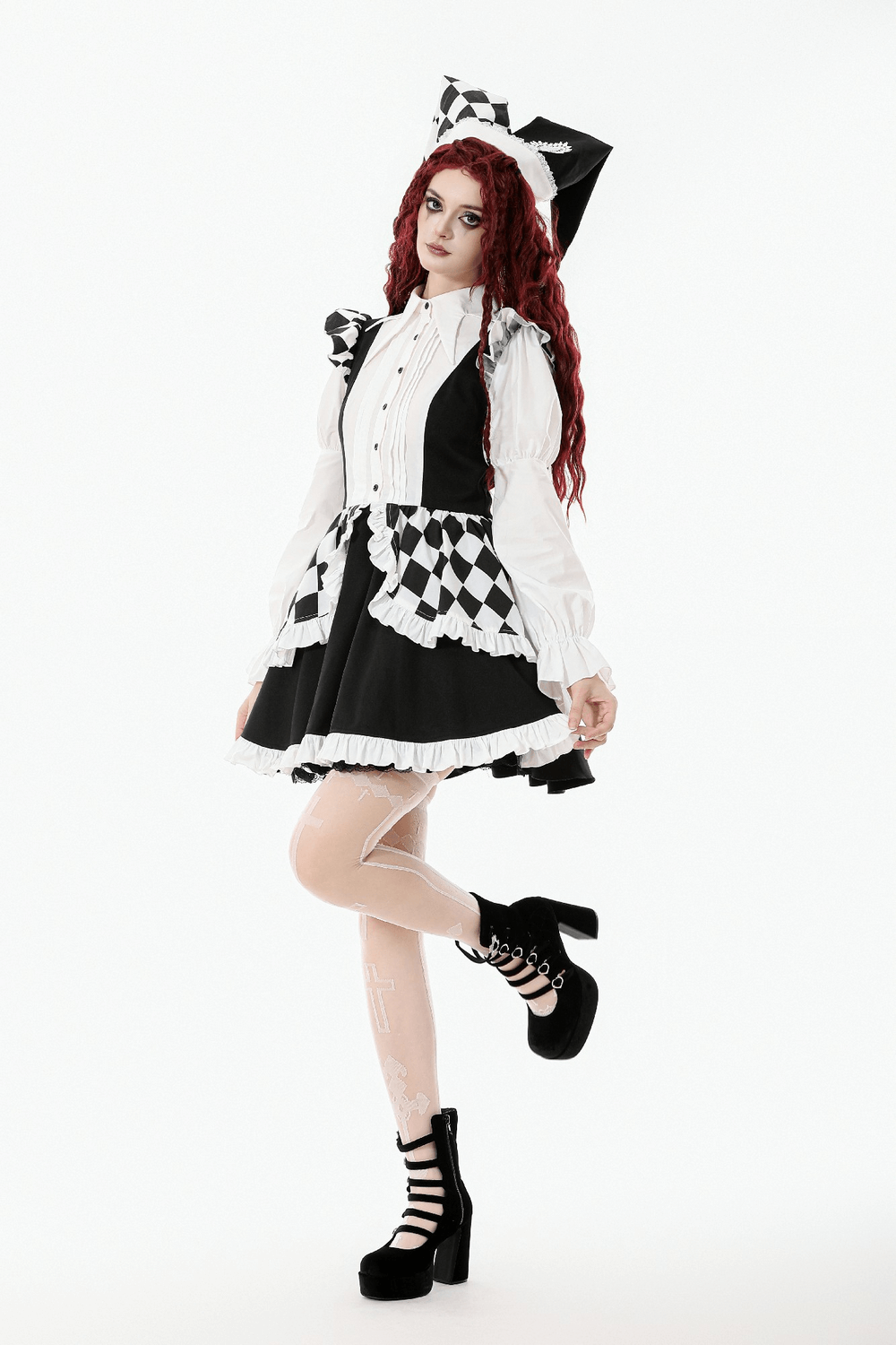 Harlequin Black and White Gothic Ruffle Mini Dress worn by model with stylish shoes and a playful pose.