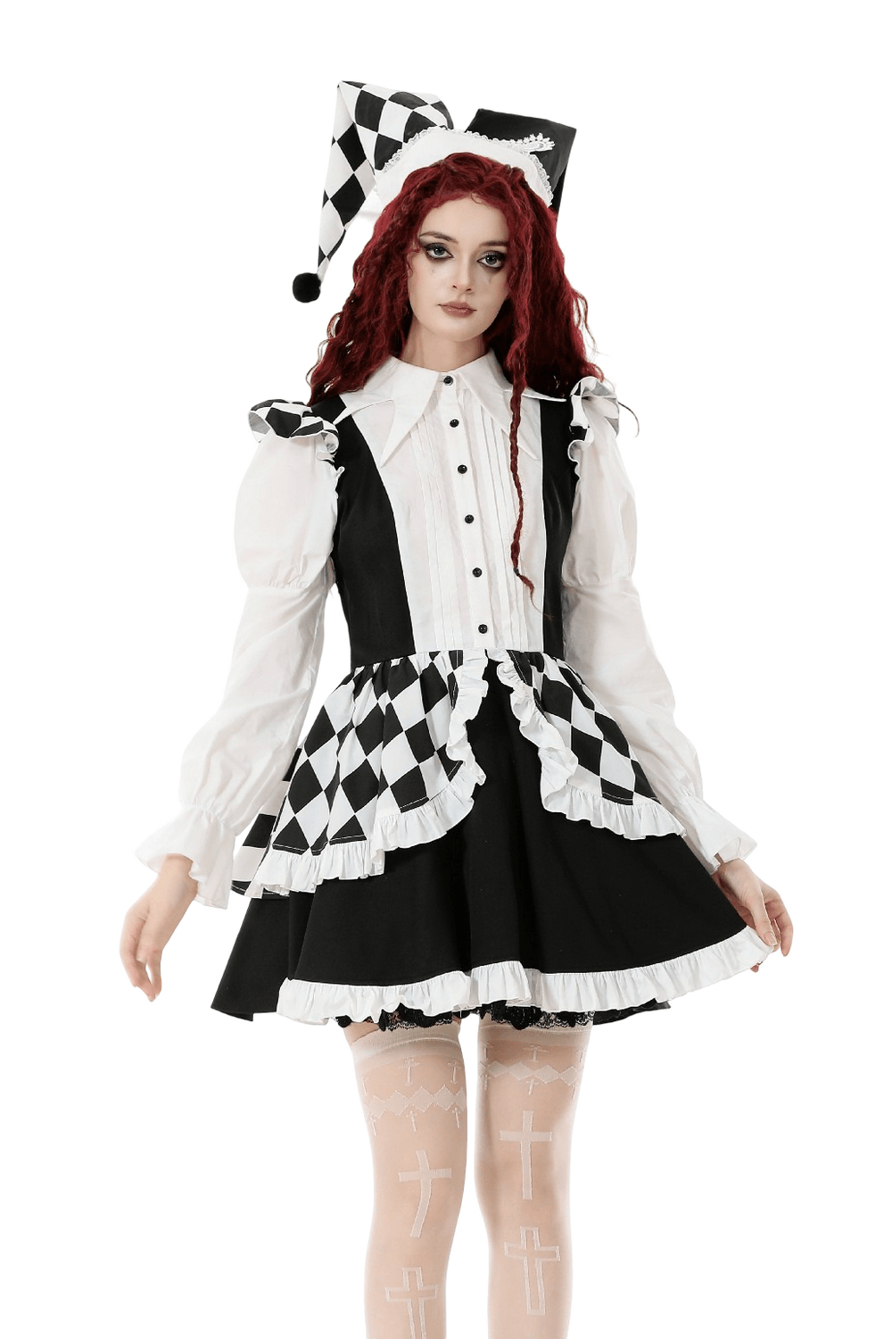 Harlequin Black and White Gothic Ruffle Mini Dress featuring a playful design and ruffles, perfect for a gothic look.