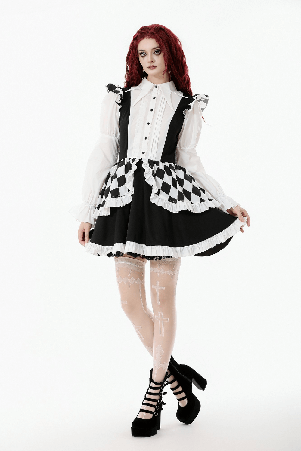 Harlequin Black and White Gothic Ruffle Mini Dress featuring ruffled sleeves and checkered patterns.