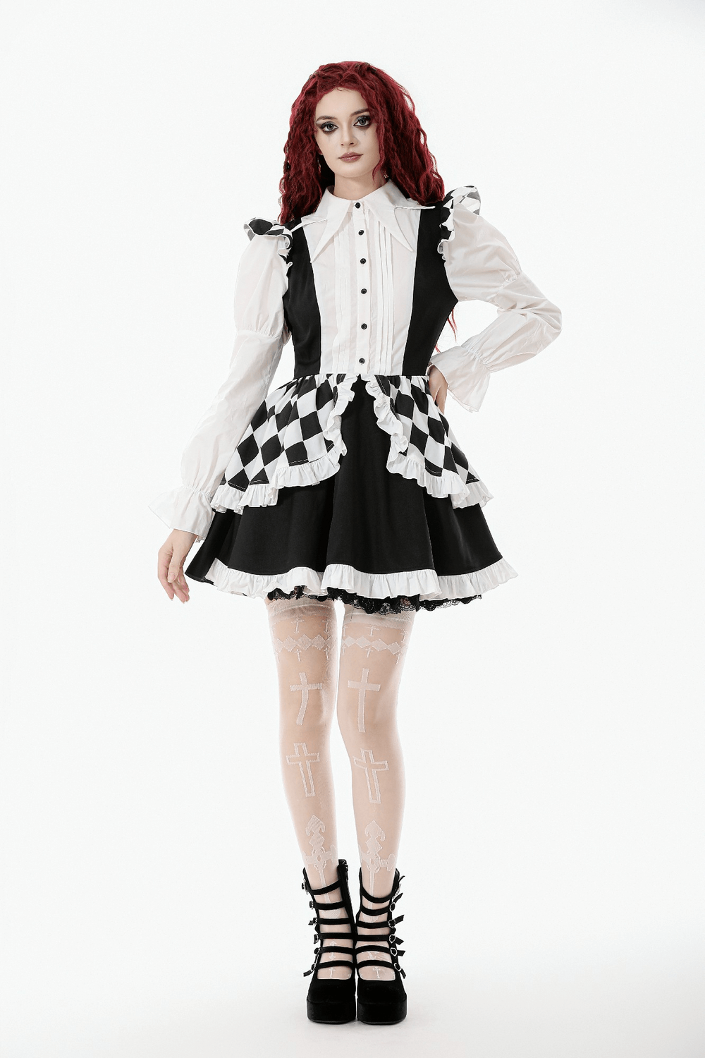 Harlequin Black and White Gothic Ruffle Mini Dress model wearing a playful outfit with gothic elements.
