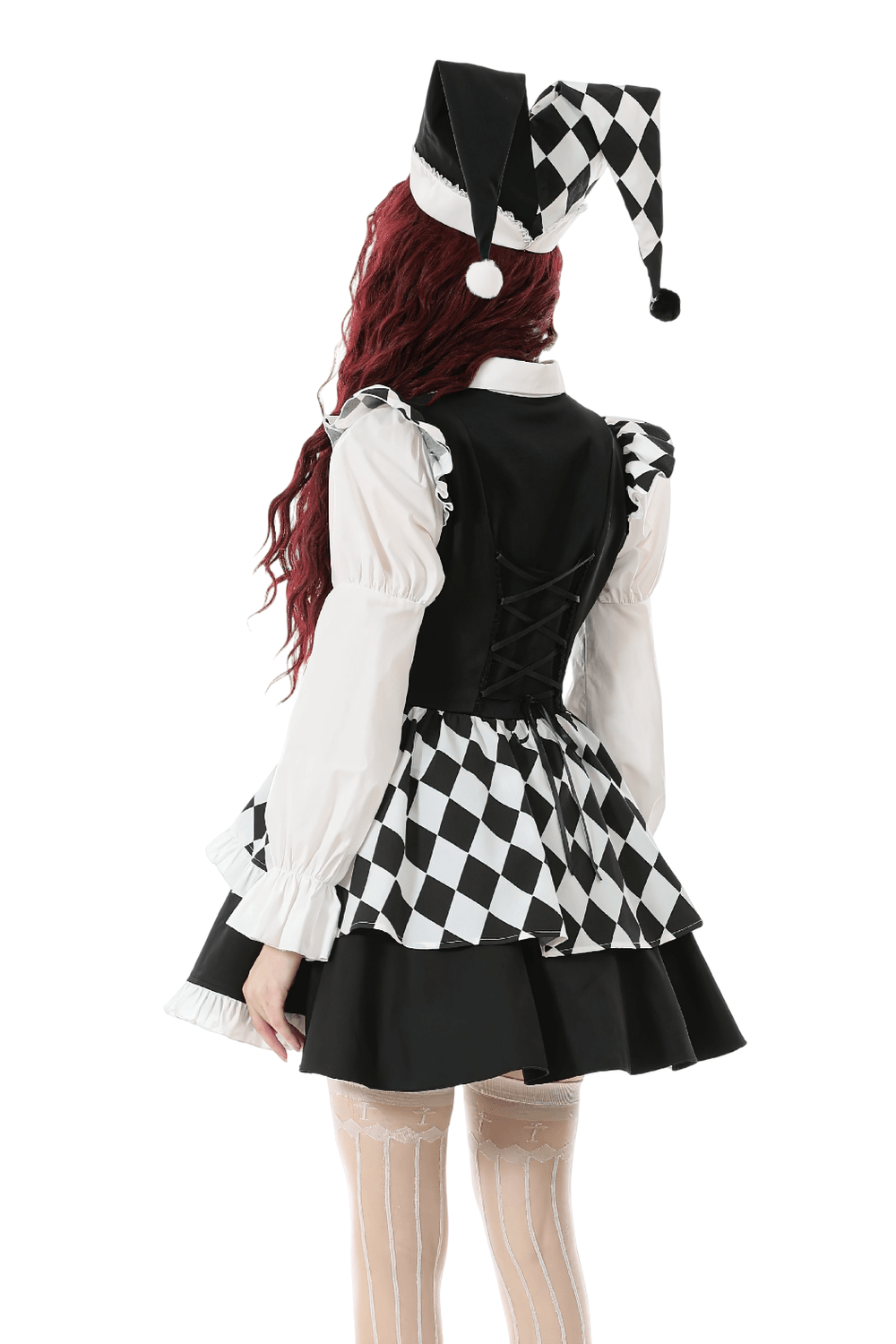 Harlequin Black and White Gothic Ruffle Mini Dress with playful hat, showing ruffled back design and checkered patterns.