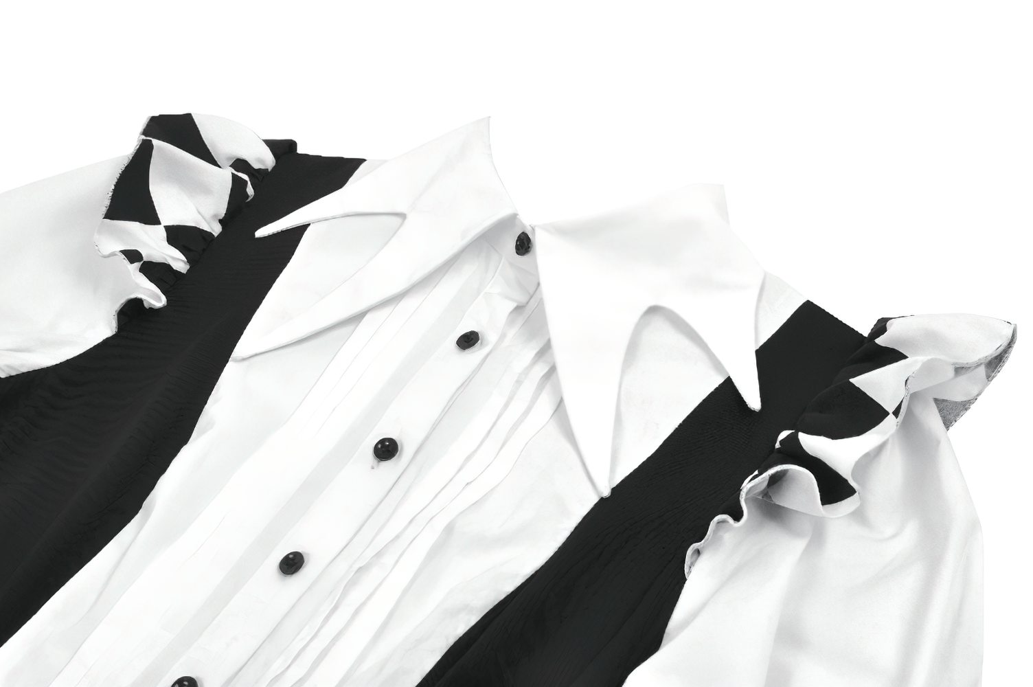 Harlequin Black and White Gothic Ruffle Mini Dress featuring unique ruffle sleeves and button details.