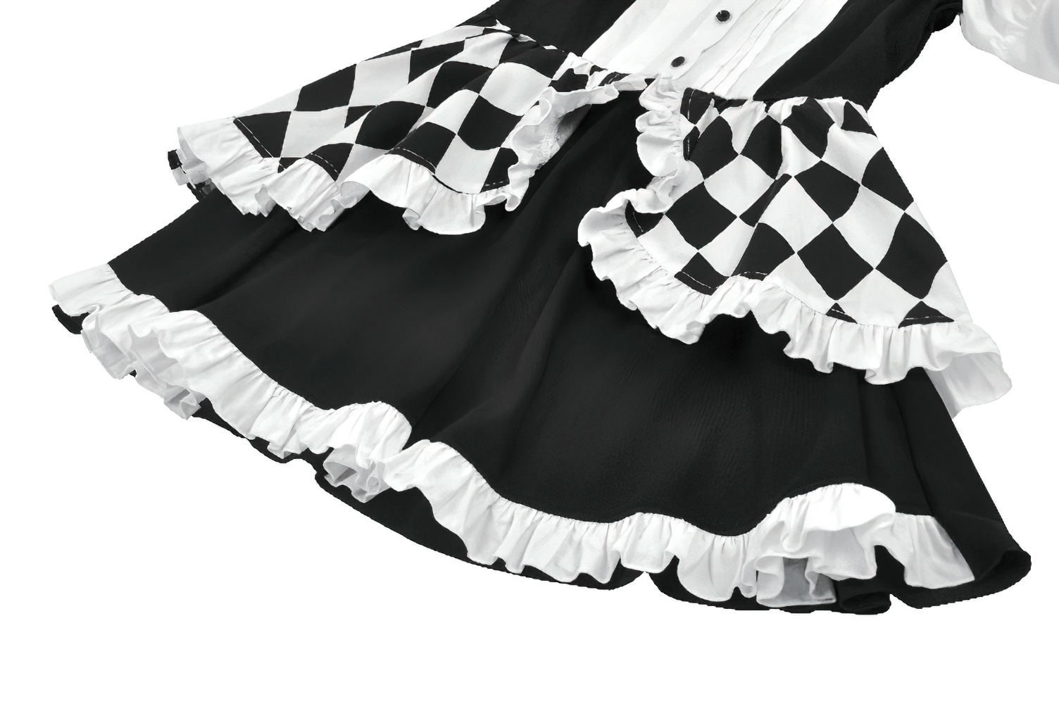Harlequin Black and White Gothic Ruffle Mini Dress showcasing the ruffle hem and checkerboard pattern.