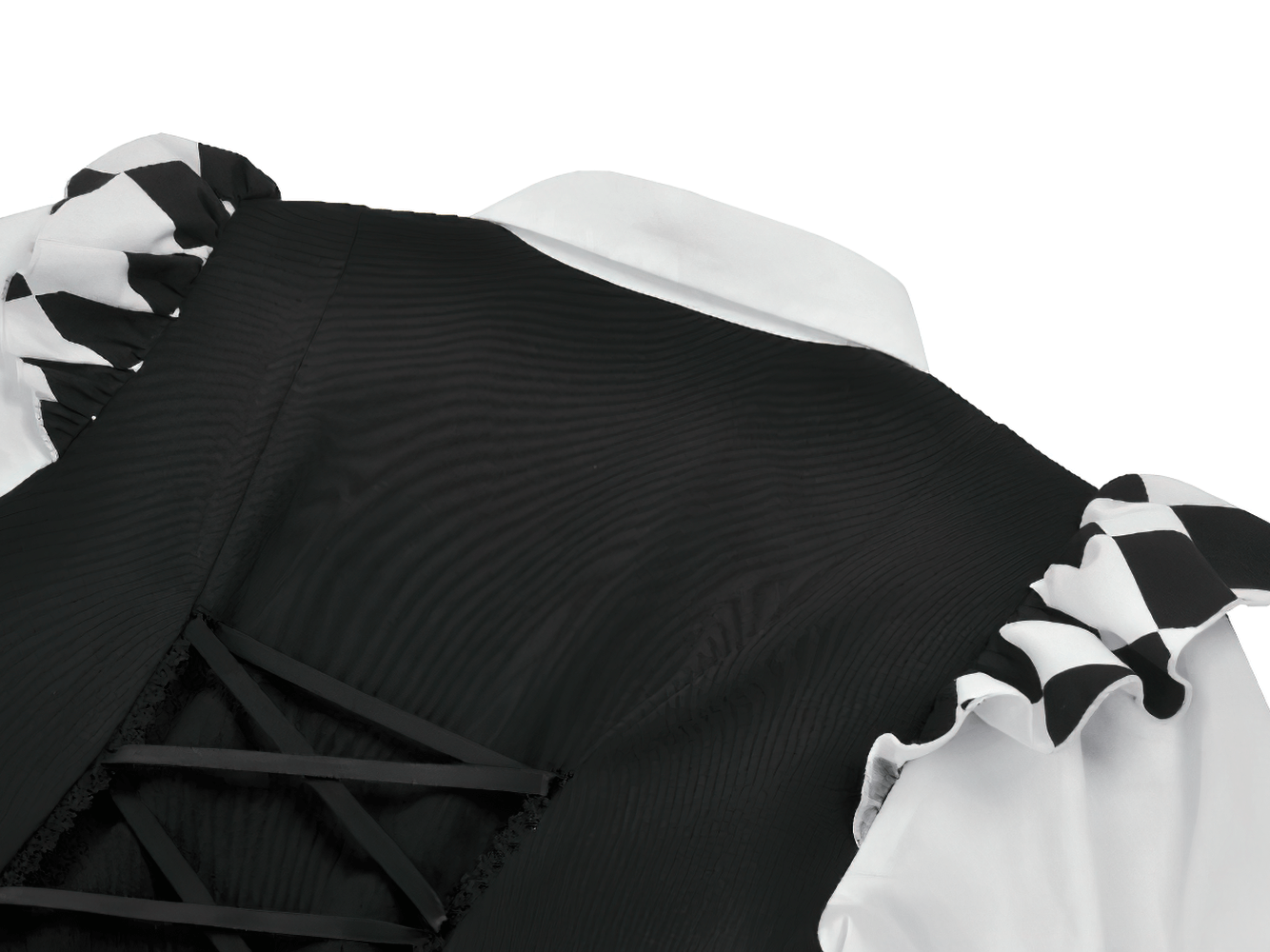 Harlequin Black and White Gothic Ruffle Mini Dress back view showcasing unique ruffle details and lace-up design.