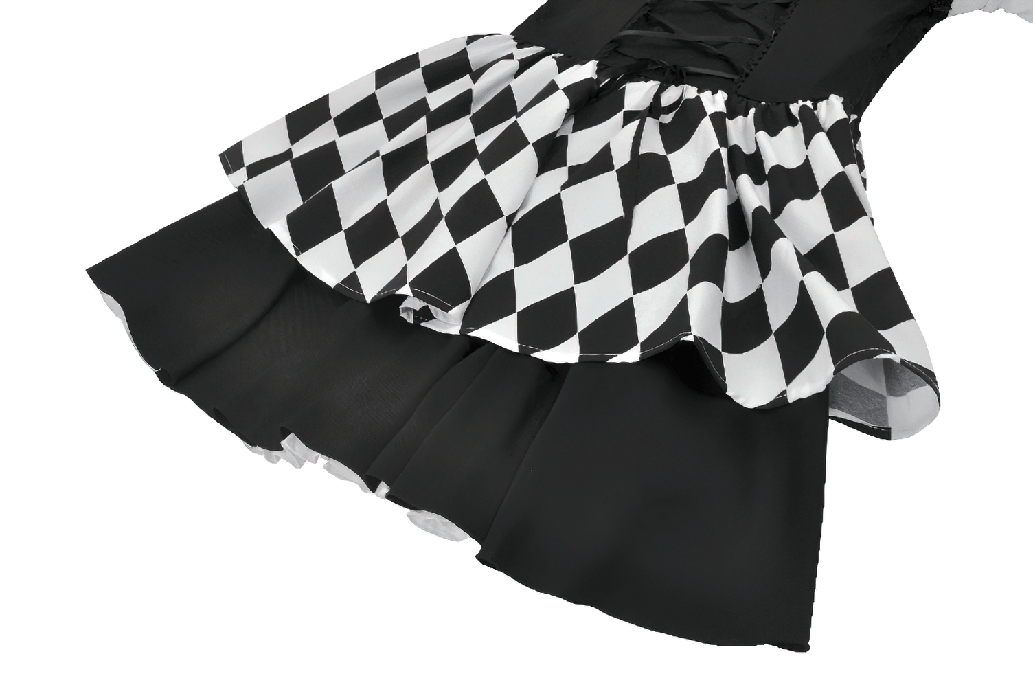 Harlequin Black and White Gothic Ruffle Mini Dress showcasing the unique diamond pattern and ruffle detail.