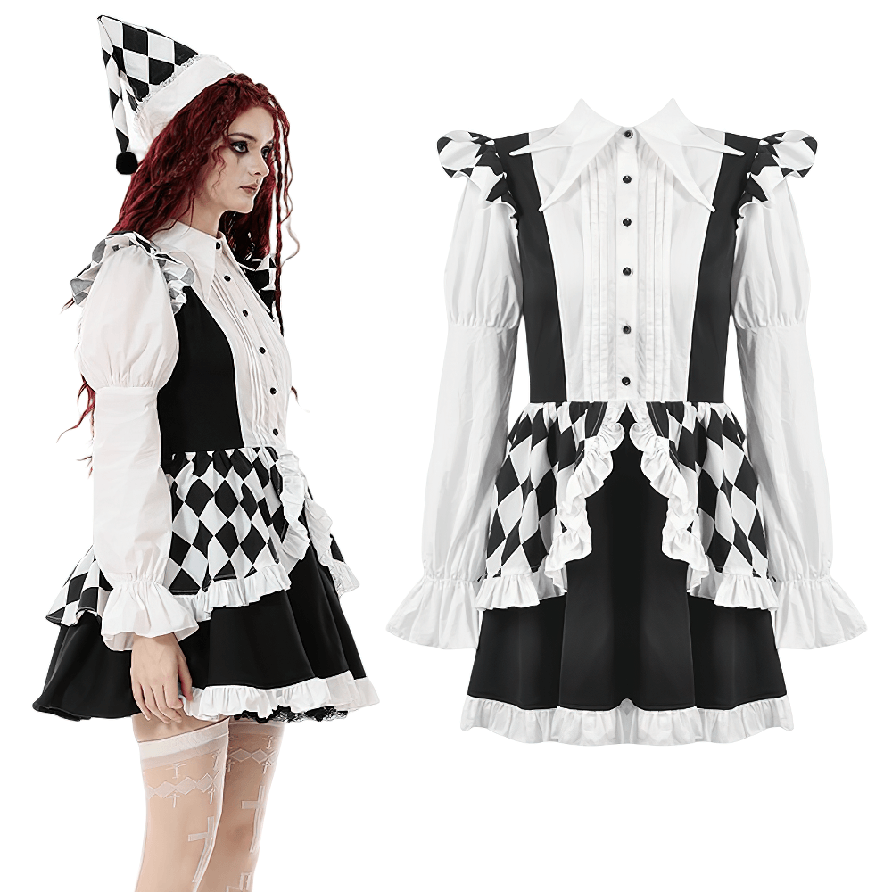 Harlequin Black and White Gothic Ruffle Mini Dress displayed on a model with matching hat and accessories.