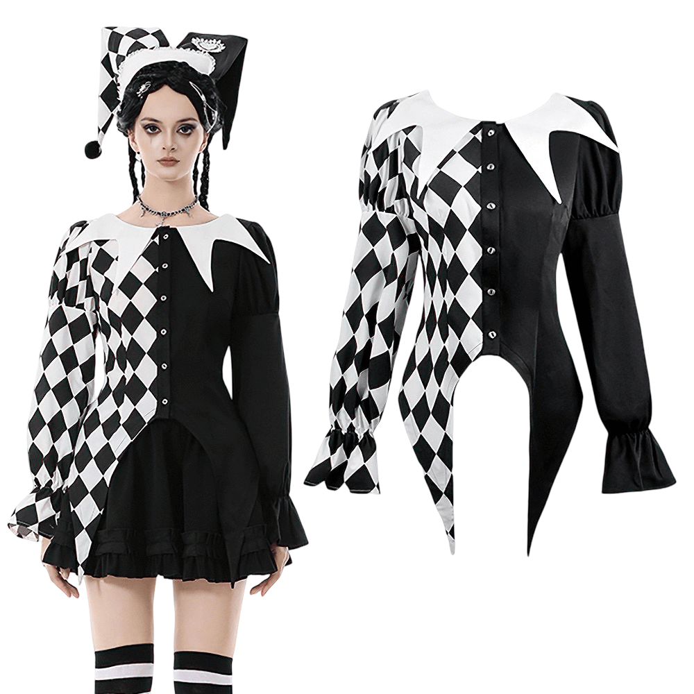 Harlequin Diamond Pattern Shirt with Front Button Detail showcasing black and white diamond design and puff sleeves.