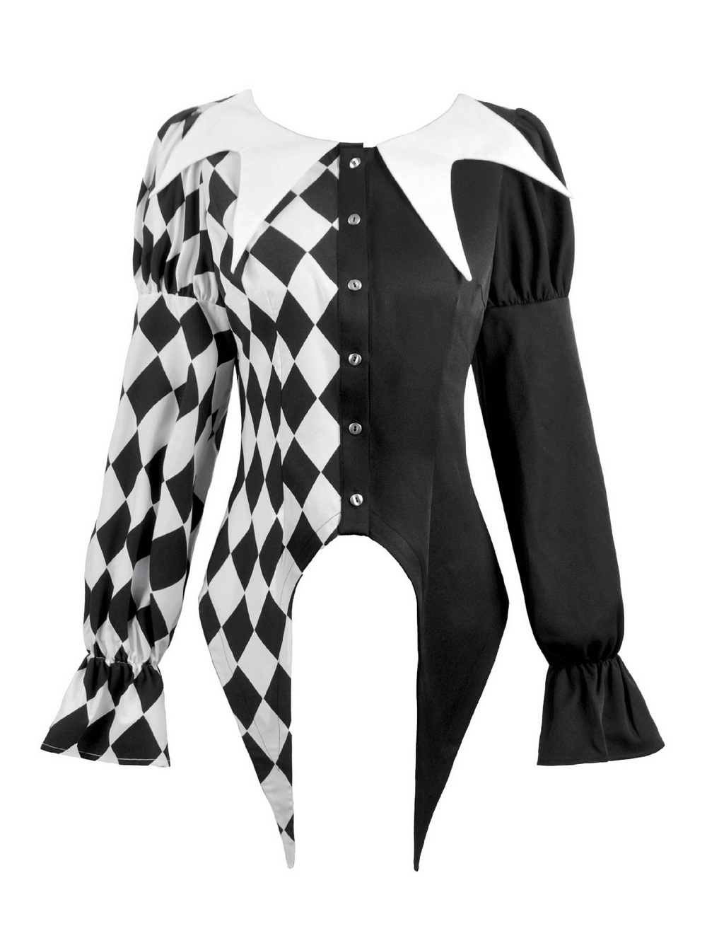 Harlequin Diamond Pattern Shirt with Front Button Detail featuring puff sleeves and bold black and white checkered design.