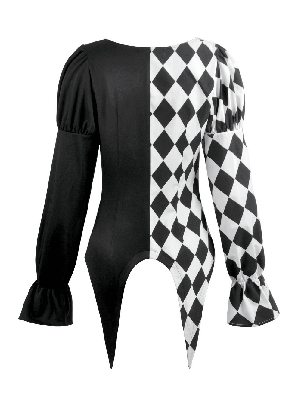 Harlequin Diamond Pattern Shirt with Front Button Detail showcasing bold black and white diamond patterns and puff sleeves.