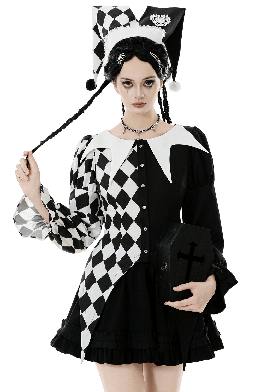 Harlequin Diamond Pattern Shirt with Front Button Detail, featuring puff sleeves and a playful diamond design.