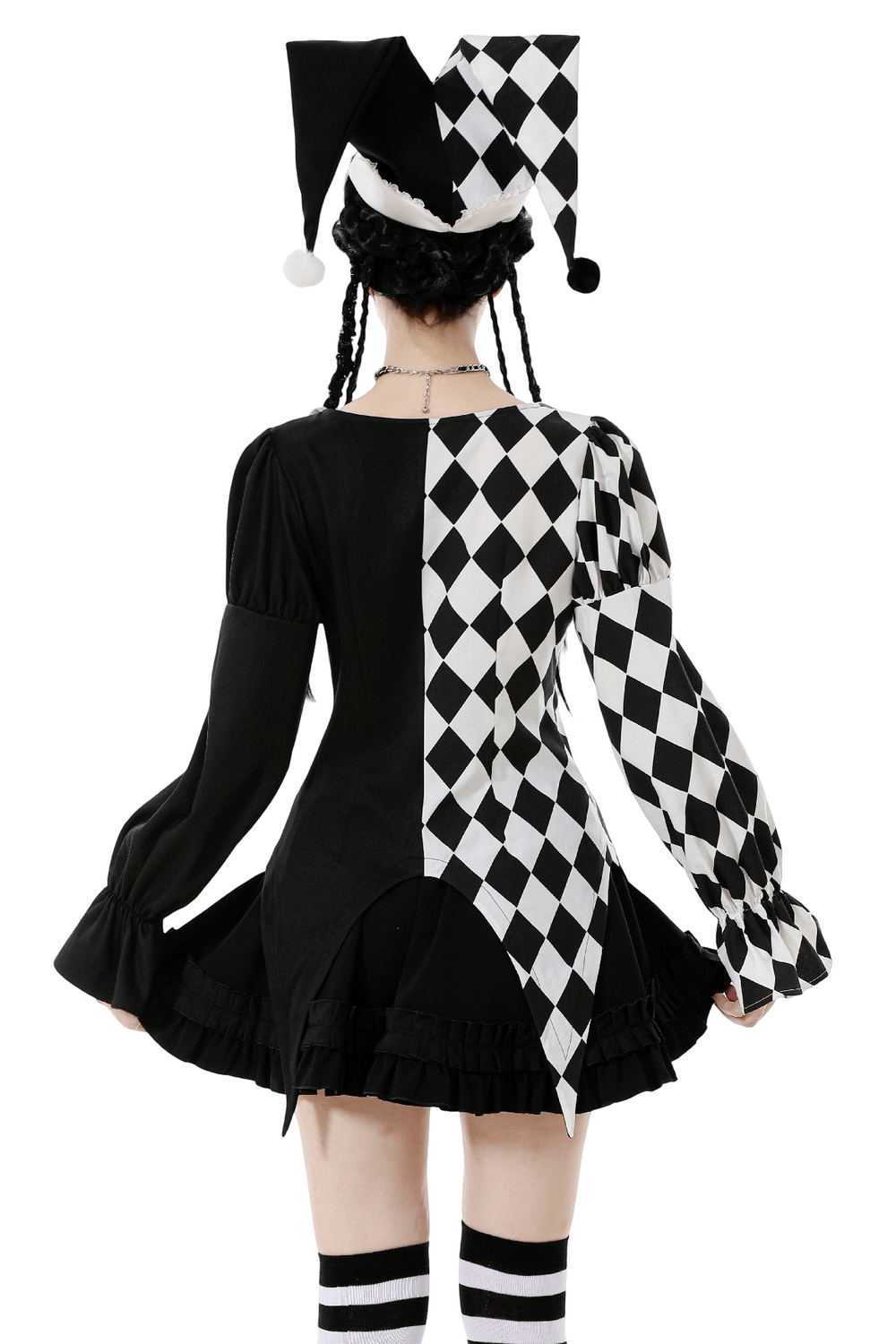 Harlequin Diamond Pattern Shirt with Front Button Detail showcasing back design and puff sleeves