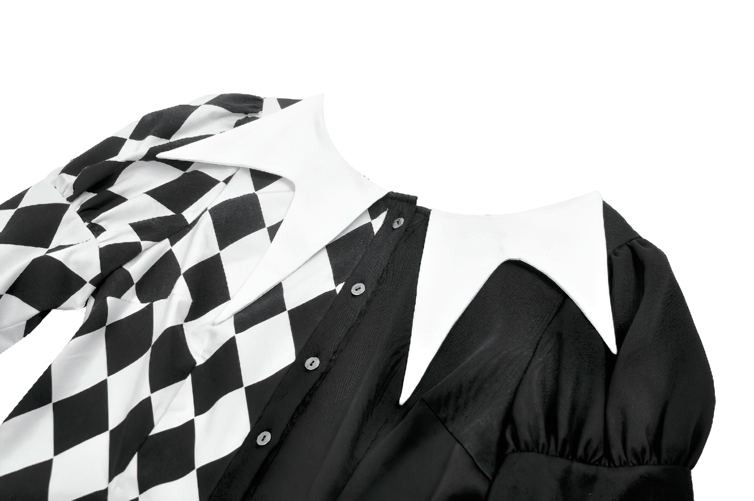 Harlequin Diamond Pattern Shirt with Front Button Detail featuring bold black and white diamonds and puff sleeves.
