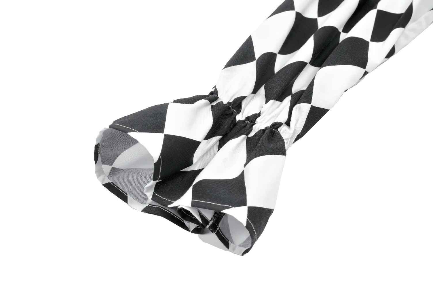 Close-up of puffed sleeve detail on Harlequin Diamond Pattern Shirt with Front Button Detail, featuring black and white diamond print.