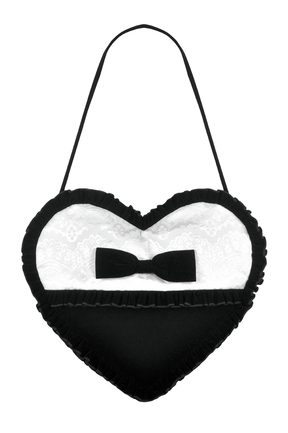 Heart-Shaped Gothic Lace Bow Crossbody Bag with black velvet and lace details.