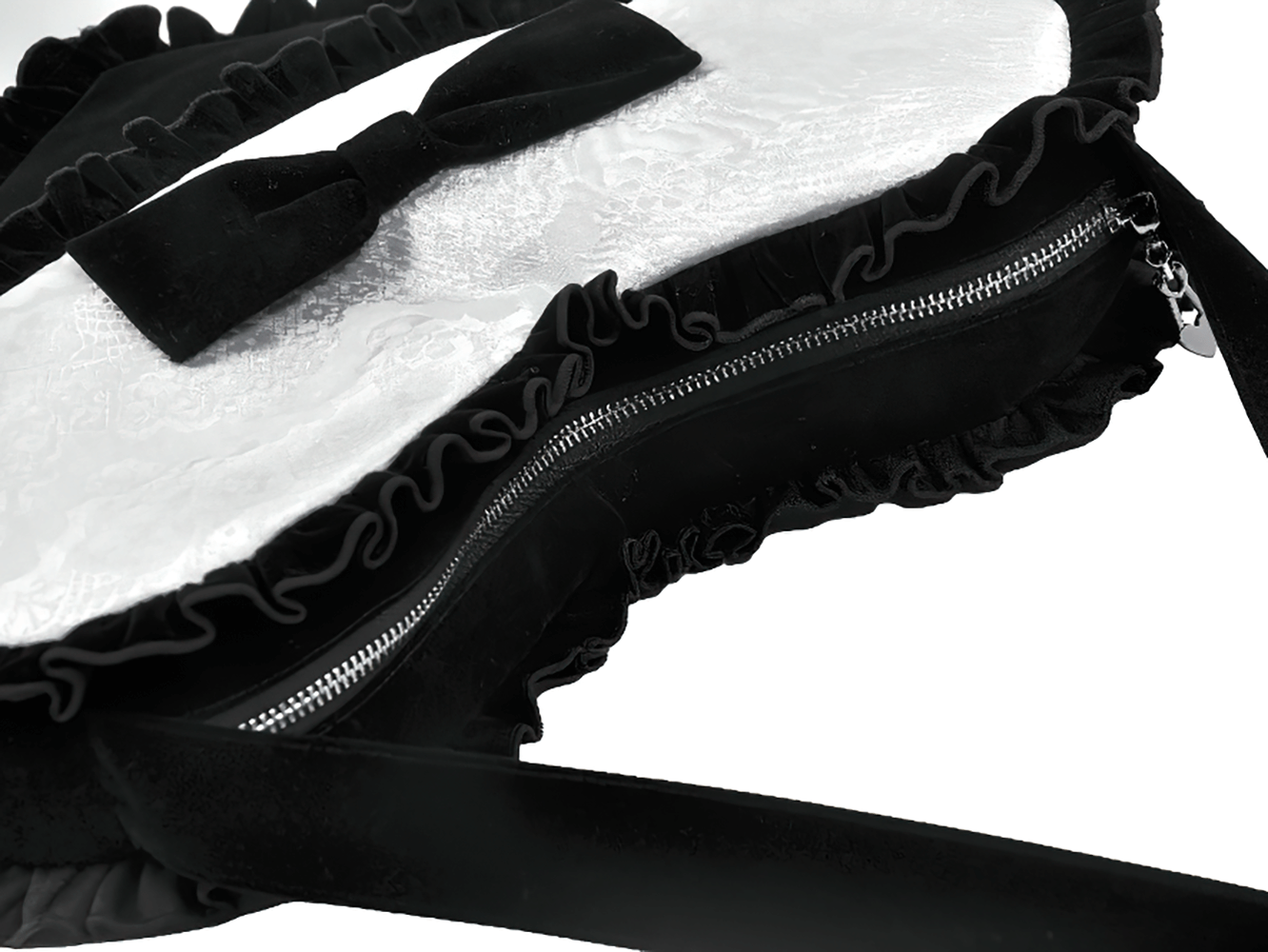 Heart-Shaped Gothic Lace Bow Crossbody Bag with ruffled edges and zipper detail, showcasing elegant black velvet and lace.