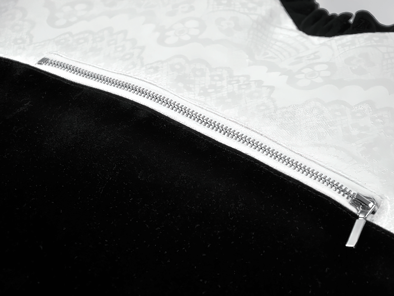 Heart-Shaped Gothic Lace Bow Crossbody Bag zipper detail on black velvet fabric.