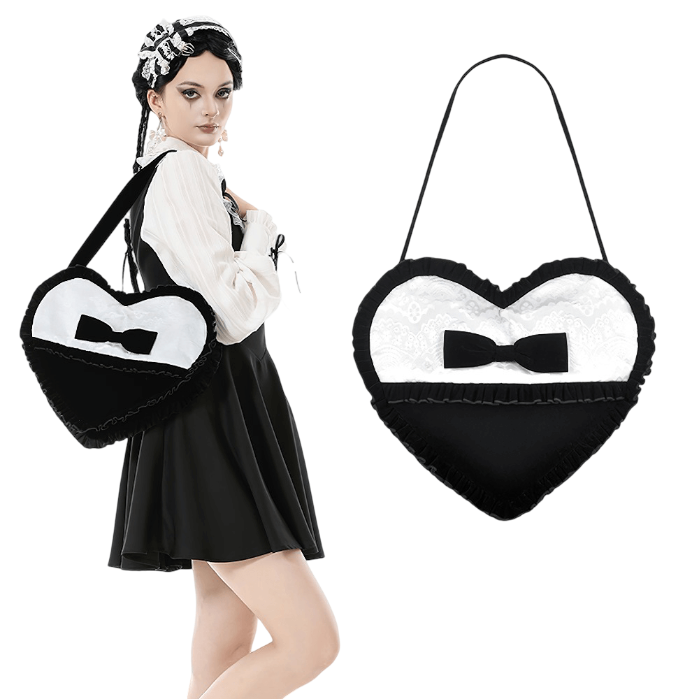Heart-Shaped Gothic Lace Bow Crossbody Bag with black velvet and lace details worn by a model.