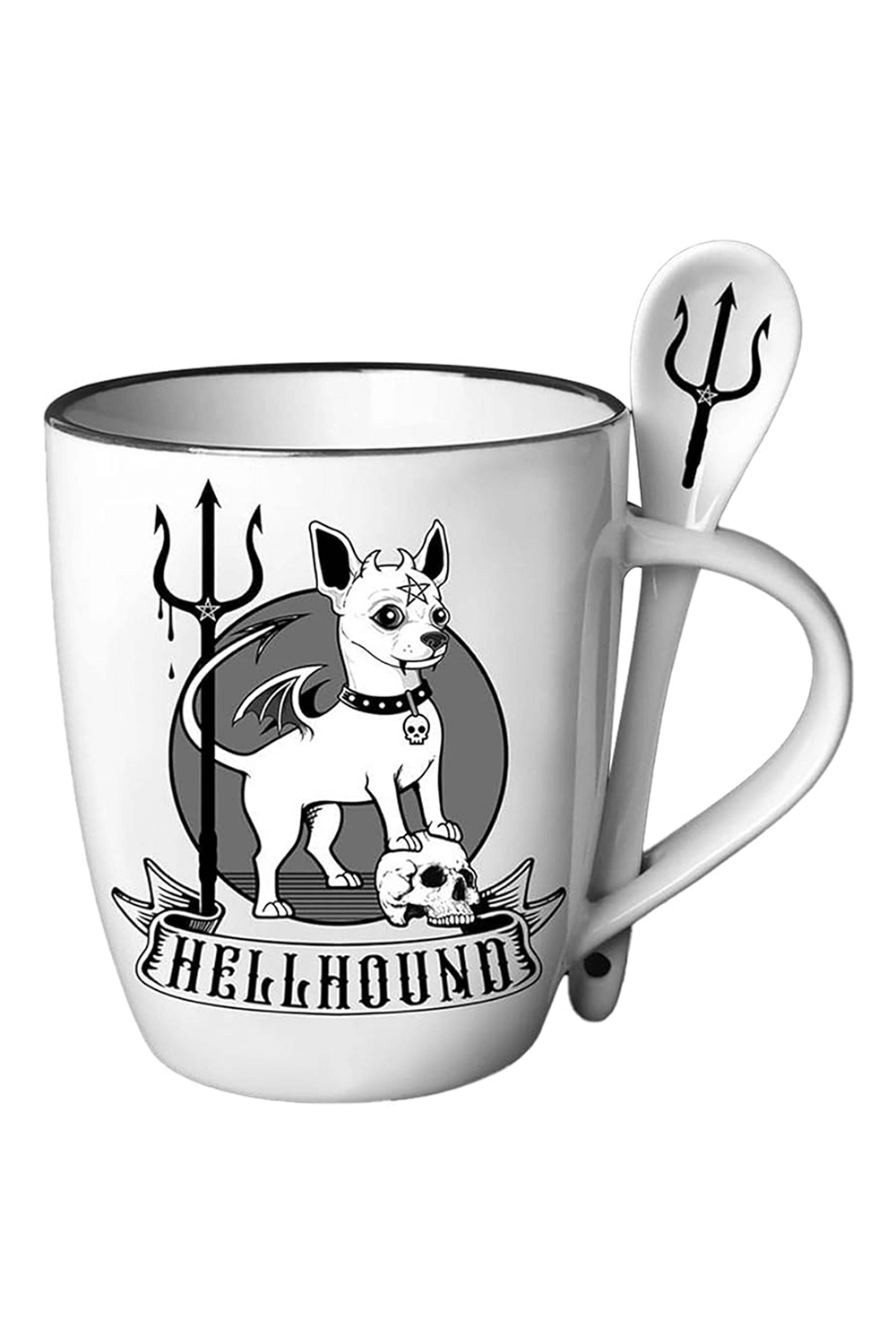 Hellhound Mug and Spoon Set with devilish design, perfect for dark aesthetic coffee lovers.