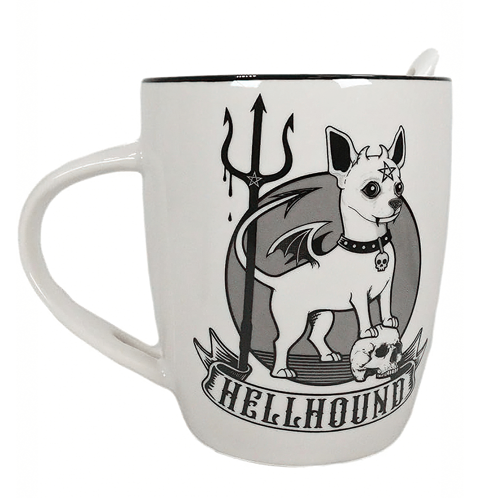 Hellhound mug with devilish dog design, featuring a skull and trident, perfect for edgy coffee lovers.