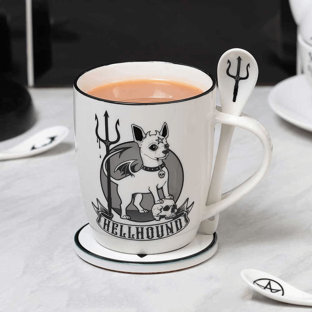 Hellhound Mug and Spoon Set with a devilish dog design, perfect for coffee lovers and dark aesthetics.