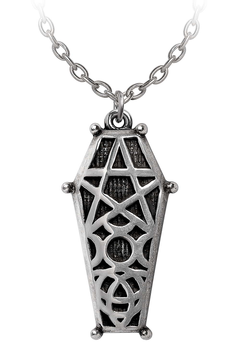 Hex Coffin Pendant with pentagram and triple moon design, made of antiqued pewter, perfect for gothic style lovers.