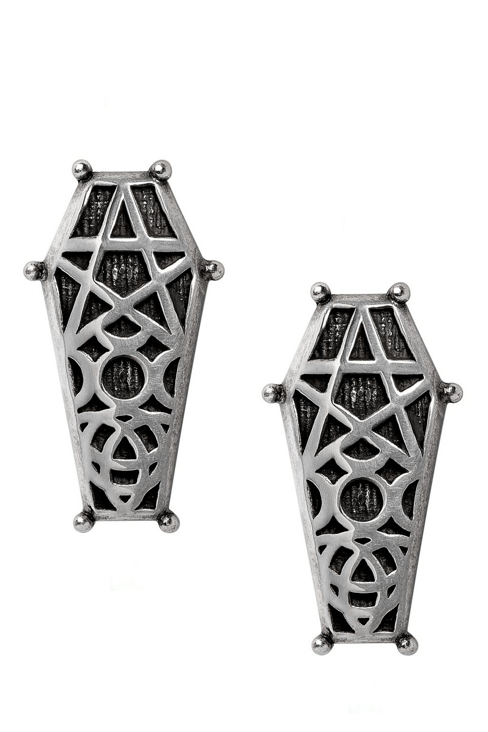 Gothic hex coffin stud earrings featuring moon and pentagram designs in antiqued pewter.