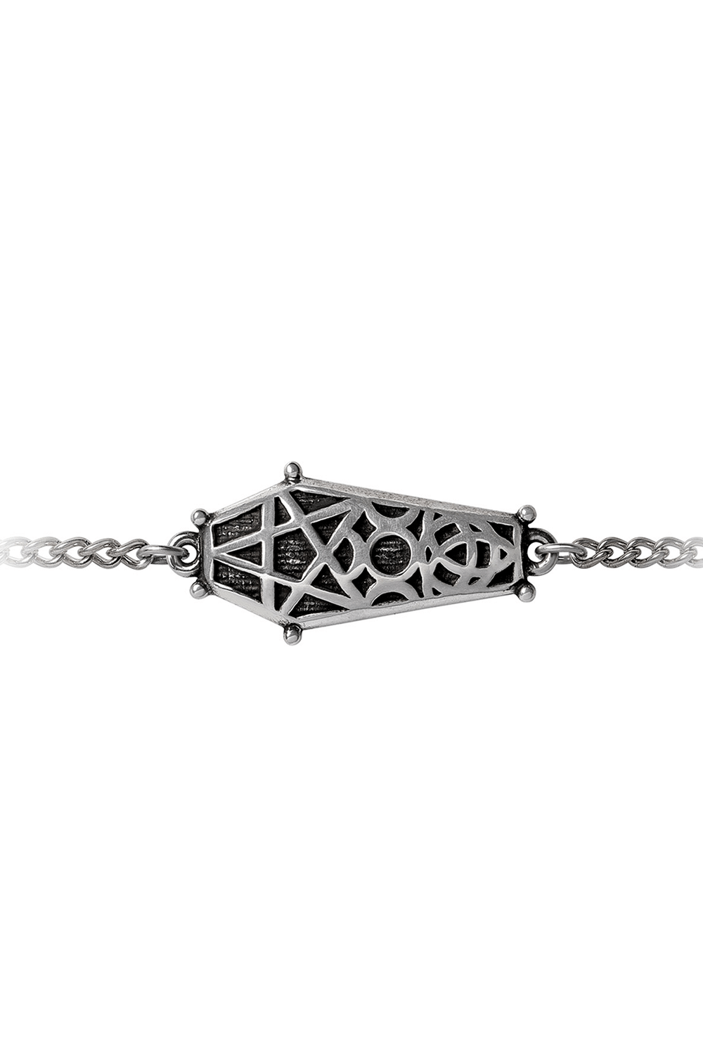 Gothic Hex Coffin Wrist Chain featuring intricate pentagram and moon designs in pewter.