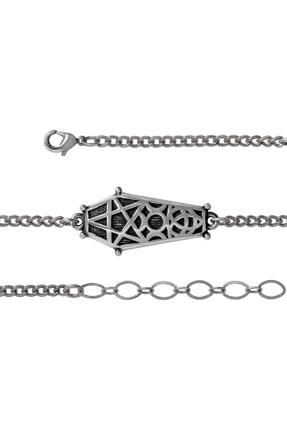 Gothic Hex Coffin Wrist Chain in antiqued pewter with intricate pentagram and moon design.